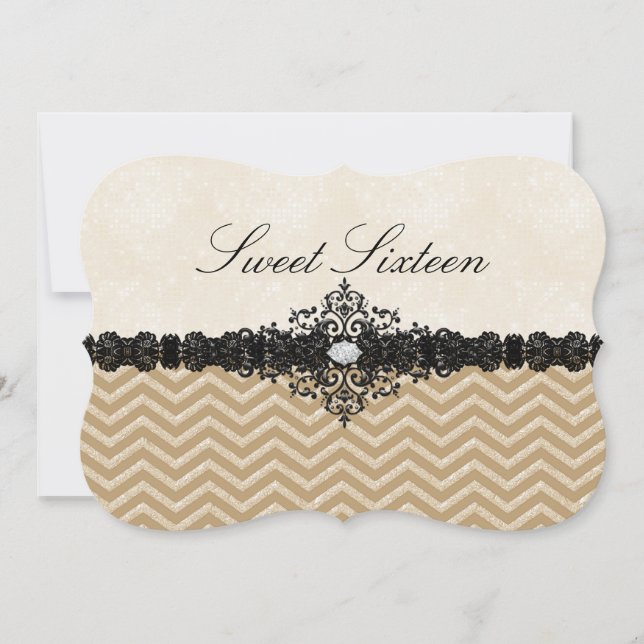 Convite Sweet16 com Glitter Dourado em Chevron e D (Frente)