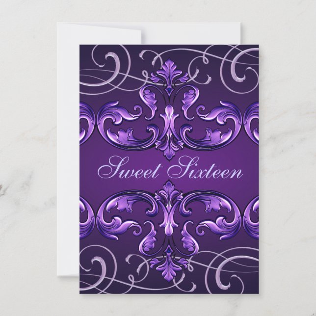 Convite Sweet16 Dark Purple Damask & Tiara Birthday Invite (Frente)
