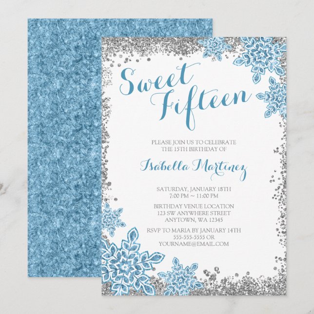 Convite Sweet 15 Glam Winter Wonderland Silver Blue Invite (Frente/Verso)