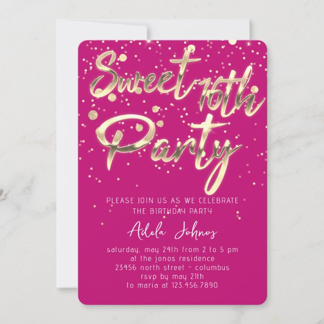 Convite Sweet 16º Instant Download Pink Dourado Confetti (Frente)