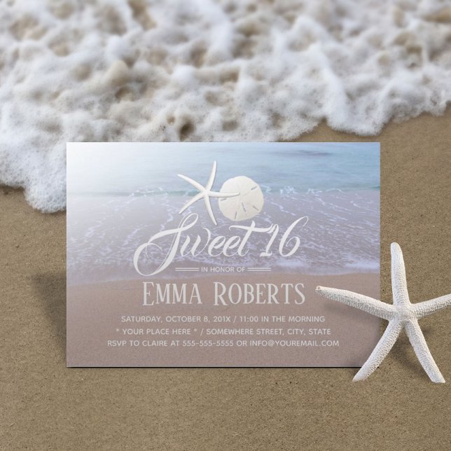 Convite Sweet 16 Beach Theme Starfish & Sand Dollar (Criador carregado)