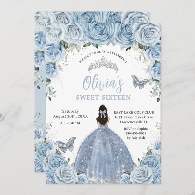 Convite Sweet 16 Birthday Blue Floral Silver Butterfly (Frente/Verso)