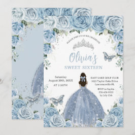 Convite Sweet 16 Birthday Blue Floral Silver Butterfly