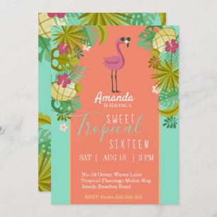 Convite Sweet 16 Birthday Flamingo Luau Palm Tree Beach