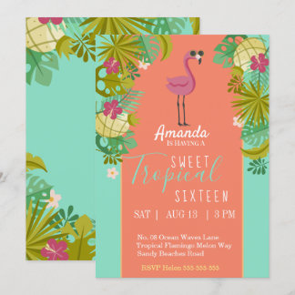 Convite Sweet 16 Birthday Flamingo Luau Palm Tree Beach