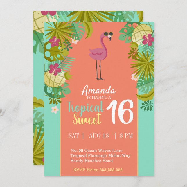 Convite Sweet 16 Birthday Flamingo Luau Palm Tree Beach (Frente/Verso)
