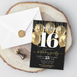 Convite Sweet 16 Birthday Girly Glam Balão Dourado em Pret<br><div class="desc">"Feliz Doce 16". Envie este convite de festas maravilhoso, simples, festivo, moderno, personalizado para um evento a se lembrar. A tipografia branca e a escrita manuscrita dourada ocultam balões de ouro e luzes de cordas brilhantes douradas sobre um fundo preto sofisticado. Personalize o texto personalizado com o nome da sua...</div>