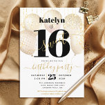 Convite Sweet 16 Birthday Girly Glam Balões Dourados, Scri<br><div class="desc">"Feliz Doce 16". Envie este convite de festas maravilhoso, simples, festivo, moderno, personalizado para um evento a se lembrar. A tipografia negra e a escrita à mão ocultam balões de ouro e luzes de cordas brilhantes de ouro sobre um fundo branco sofisticado. Personalize o texto personalizado com o nome da...</div>