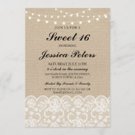 Convite Sweet 16 Birthday Lights Rustic Burlap Lace Invite