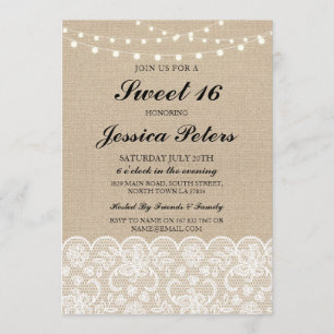 Convite Sweet 16 Birthday Lights Rustic Burlap Lace Invite