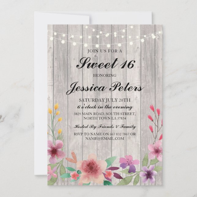 Convite Sweet 16 Birthday Lights Rustic Wood Floral Invite (Frente)