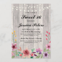 Convite Sweet 16 Birthday Lights Rustic Wood Floral Invite