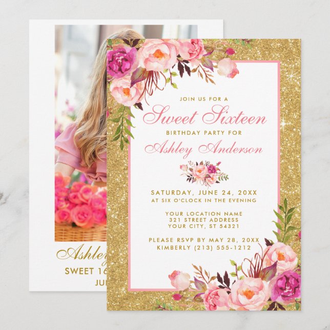 Convite Sweet 16 Birthday Pink Dourado Invite - Foto de vo (Frente/Verso)