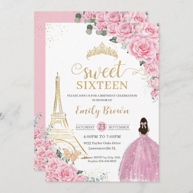 Convite Sweet 16 Birthday Pink Floral Paris Eiffel Dourado (Frente/Verso)