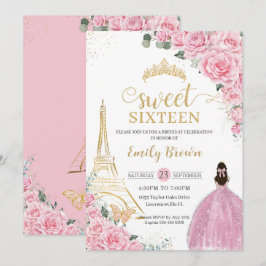 Convite Sweet 16 Birthday Pink Floral Paris Eiffel Dourado