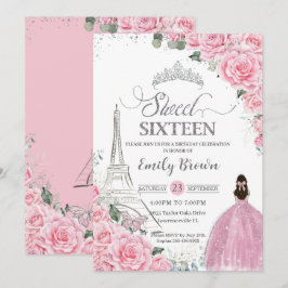 Convite Sweet 16 Birthday Pink Floral Paris Eiffel Silver