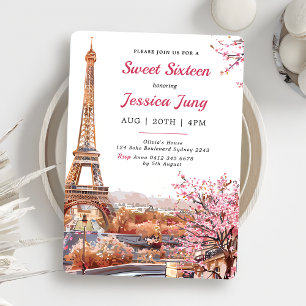 Convite Sweet 16 Birthday Pink Floral Paris Eiffel Tower