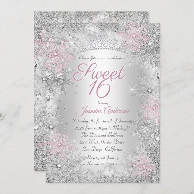 Convite Sweet 16 Birthday Pink Silver Winter Wonderland (Frente/Verso)