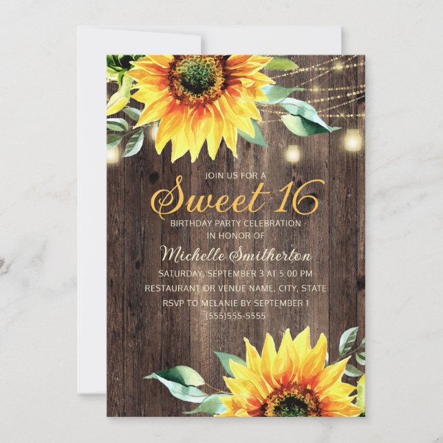 Convite Sweet 16 Birthday Rustic Sunflower String Lights (Frente)