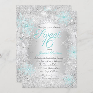 Convite Sweet 16 Birthday Teal Silver Winter Wonderland
