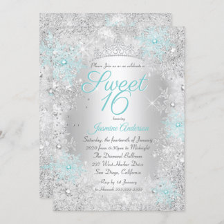 Convite Sweet 16 Birthday Teal Silver Winter Wonderland