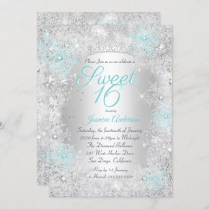 Convite Sweet 16 Birthday Teal Silver Winter Wonderland