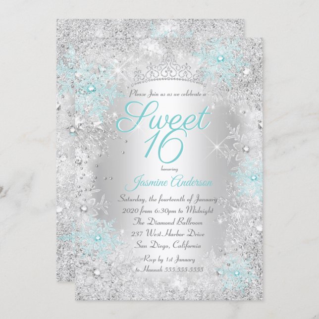 Convite Sweet 16 Birthday Teal Silver Winter Wonderland (Frente/Verso)