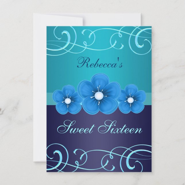 Convite Sweet 16 Blue Flower & Tiara Birthday Invite (Frente)