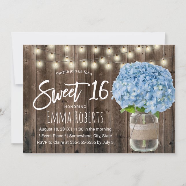 Convite Sweet 16 Blue Hydrangea Floral Jar Rustic Wood (Frente)