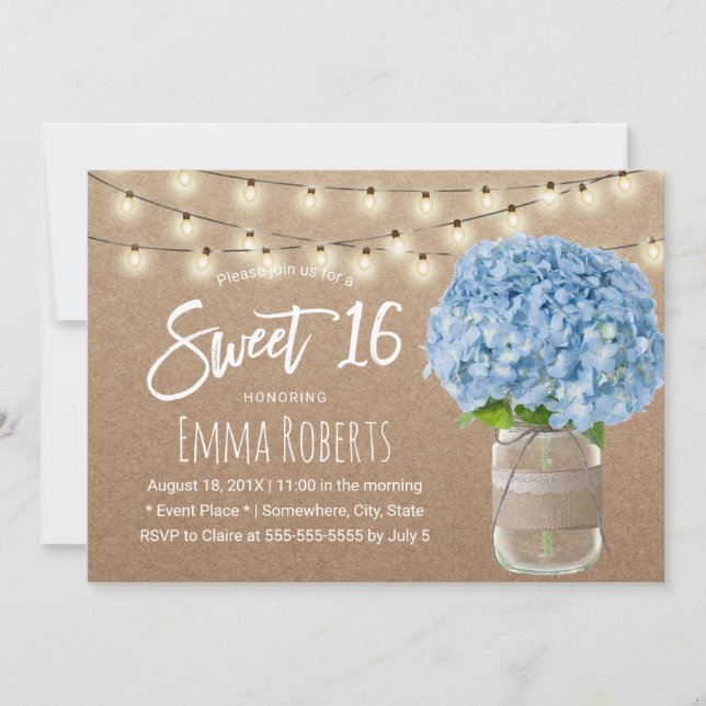 Convite Sweet 16 Blue Hydrangea String Luzes Rustic Kraft (Frente)