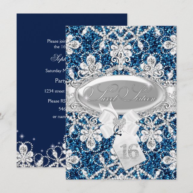Convite Sweet 16 Blue Sparkle Diamond & Glitter (Frente/Verso)
