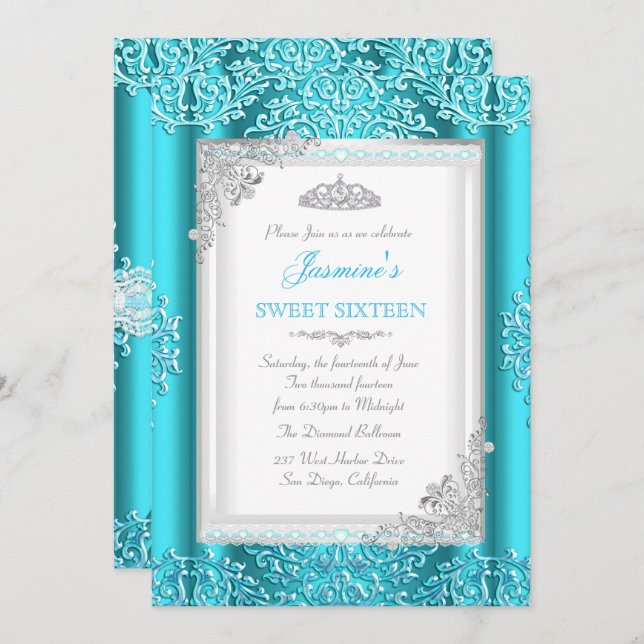 Convite Sweet 16 Blue Teal Silver Lace Damask Tiara (Frente/Verso)