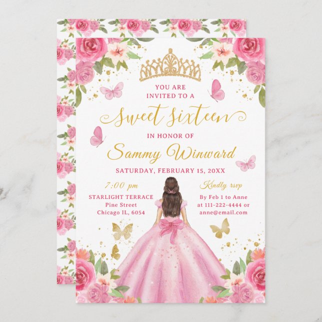 Convite Sweet 16 Blush Pink Princess Brunette Girl (Frente/Verso)