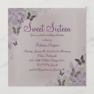 Convite Sweet 16 Borboleta Brilho Rosa e Roxo