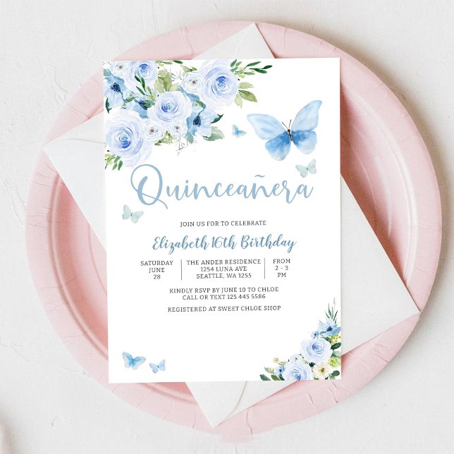 Convite Sweet 16 Borboleta Floral Azul (Criador carregado)
