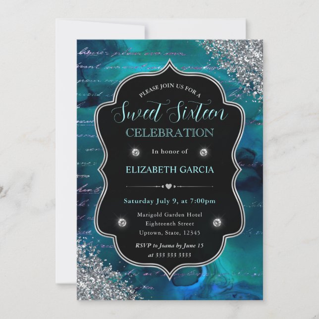 Convite Sweet 16 Brilho Azul Turquesa Profundo Let (Frente)