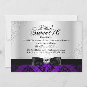 Convite Sweet 16 Brilho Damasco Preto Roxo