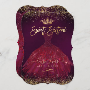 Convite Sweet 16 Burgundy Dourada Confetti+Princesa Coroa