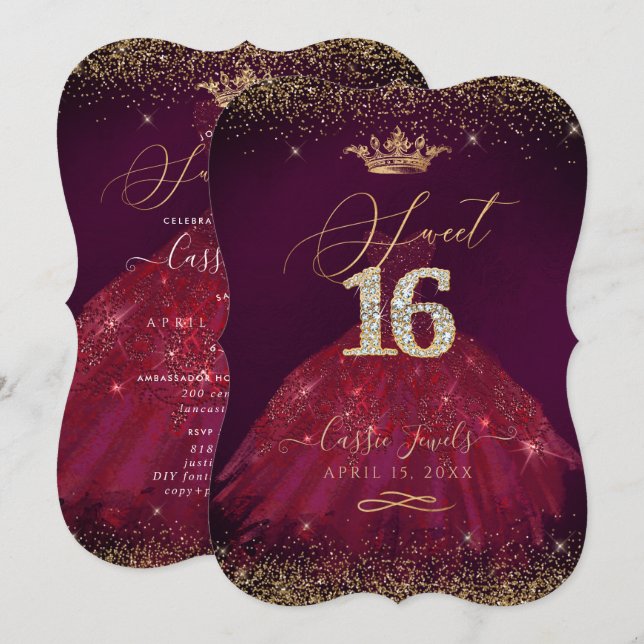 Convite Sweet 16 Burgundy Dourada Confetti+Princesa Coroa (Frente/Verso)