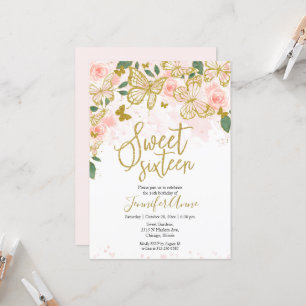 Convite Sweet 16 Butterfly Blush Floral Dourado