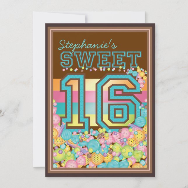 Convite Sweet 16 Candy Collection in Teal & Brown (Frente)