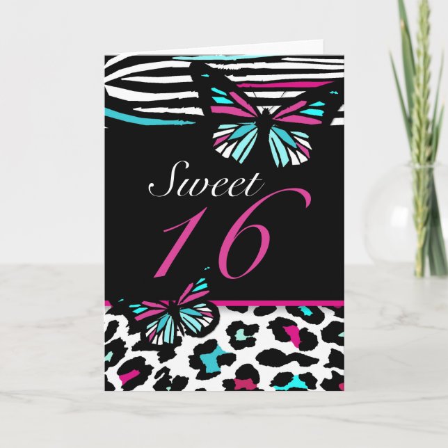 Convite Sweet 16 Card Butterfly, Leopard & Zebra Print (Frente)