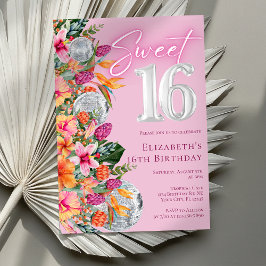Convite Sweet 16 Colorful Tropical Flowers Disco Birthday