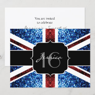 convite Sweet 16 com brilho vermelho azul bandeira