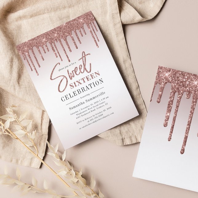 Convite Sweet 16 com Efeito de Glitter Rose Gold (Sweet 16 Birthday Party Invitation)