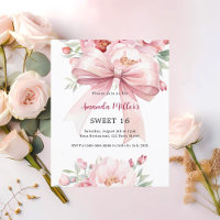 Convite Sweet 16 com flores cor-de-rosa laço