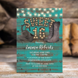 Convite Sweet 16 Cowgirl Rustic Teal Barn Wood Ocidental