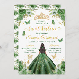 Convite Sweet 16 Dark Green Princess African American Girl