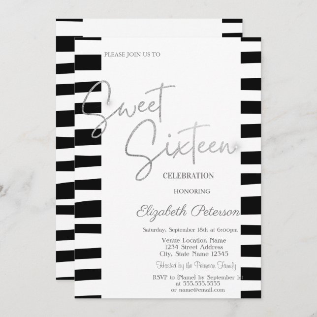 Convite Sweet 16 de Script Prateado Striped Preta (Frente/Verso)