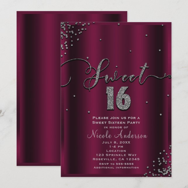 Convite SWEET 16 Dezesseis Cantos de Confetes Prata Borgon (Frente/Verso)